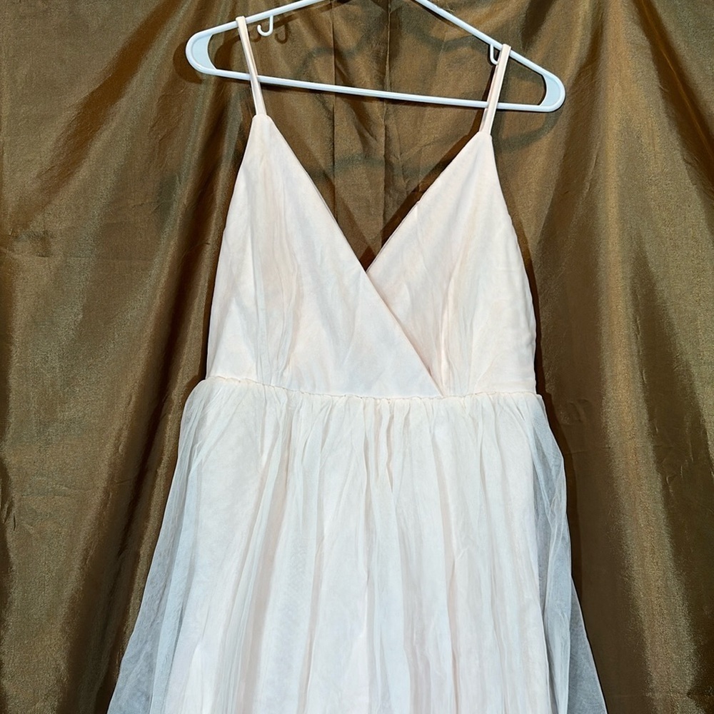 Florcoo Champagne Mesh V-Neck Evening Maxi Dress Spaghetti Strap NWT - Picture 3 of 5